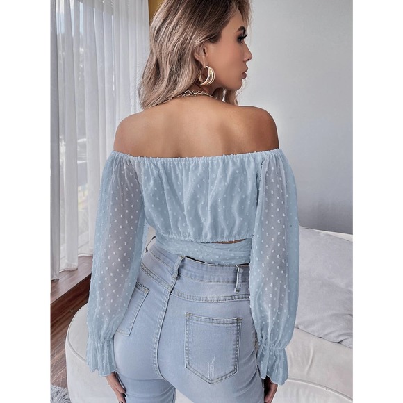 Swiss Dot Tie Front Crop Top long sleeve blouse boho white - Picture 6 of 11